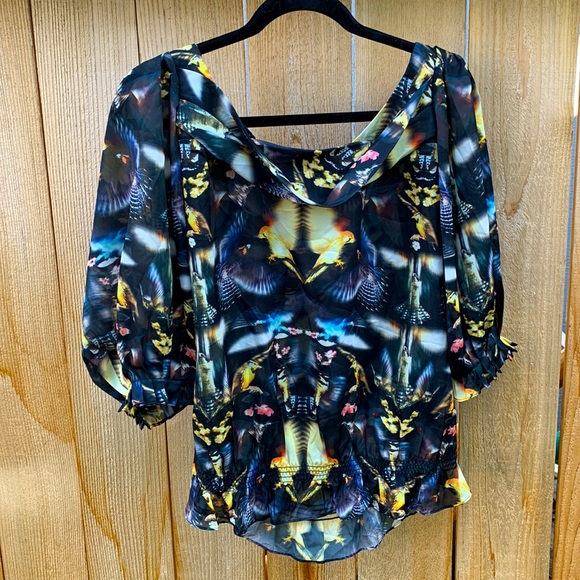 Ted baker blouse top draped neck mirrored canaries sz 3 - Picture 1 of 11